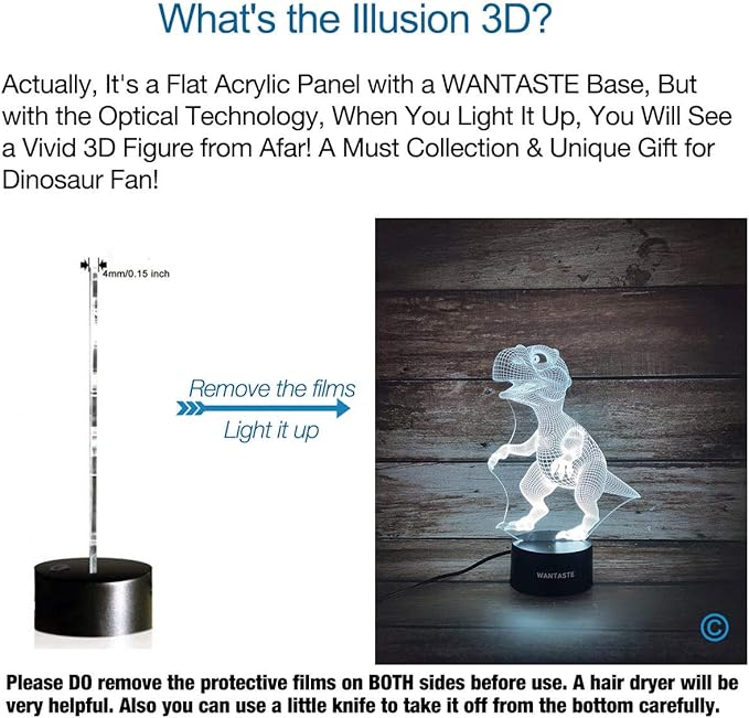 Dino 3D Decor Lamp with Remote, Dinosaur Toys for Girls Boys Room, 7 Colors Changing Night Light Bedside Gifts for Kids Baby