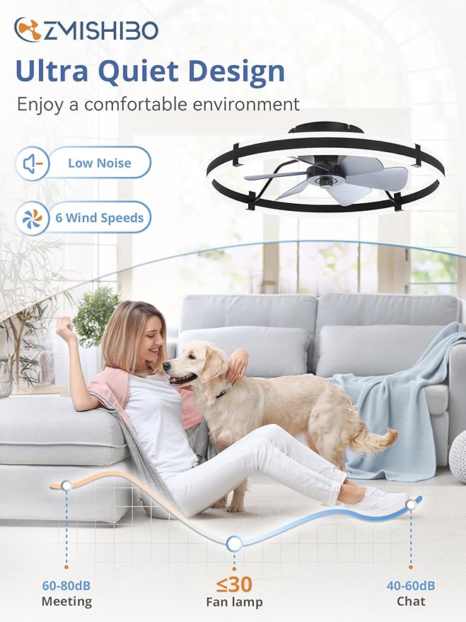 ZMISHIBO 24 Inch Ceiling Fans with Lights and Remote, Modern Low Profile Ceiling Fan, 3000-6000K Dimmable Flush Mount LED Fan Light, 6 Wind Speeds, Fandelier Ceiling Fans for Bedroom- Black
