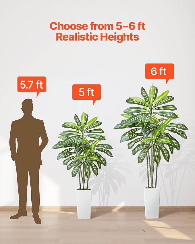 VEVOR Artificial Dracaena Tree 5 ft, Fake Palm Tropical Plants with White Tall Planter, Faux Floor Silk Plant in Pot, Large Trees for Home Office Living Room Decor House Warming, Indoor Outdoor