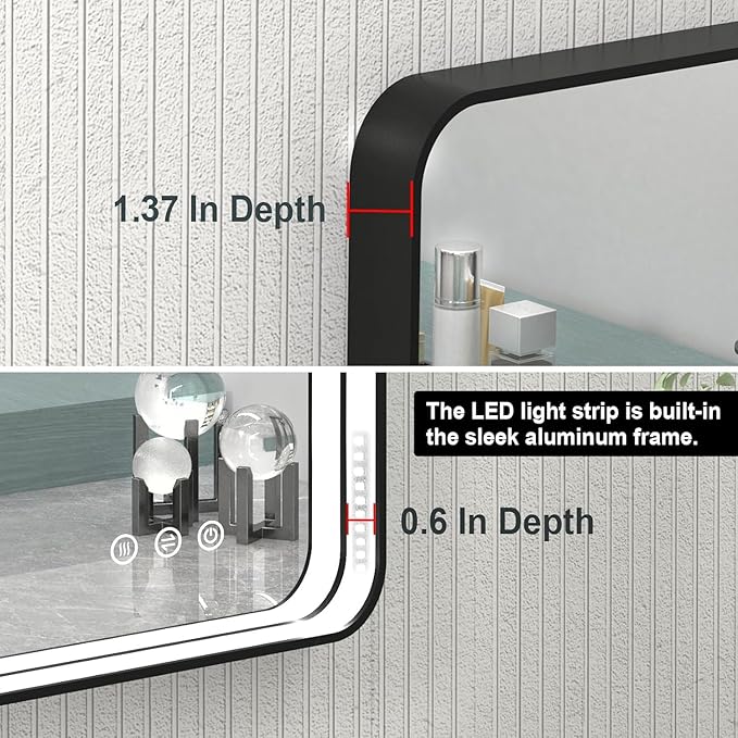 48x28 Inch LED Bathroom Mirror with Lights, Black Metal Framed LED Mirror for Bathroom, 3 Colors and Stepless Dimmable Wall Mounted Lighted Bathroom Vanity Mirror, Anti-Fog, Memory