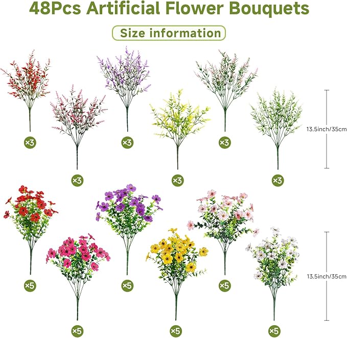 SHareconn 48 Bundles Artificial Flowers for Outdoors, Faux Plants Fake Silk Colorful Daisy Eucalyptus Lavender, UV Resistant for Outside Home Porch Patio Spring Decor, RedRosyPurpleYellowPinkWhite