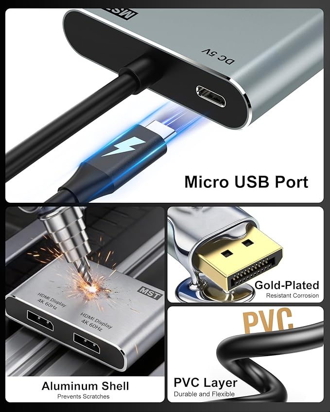 DisplayPort to Dual DisplayPort Splitter Adapter, 4K@60Hz Display Port Splitter Extended Display for Dual Monitors, DP1.4 Splitter 1 in 2 Out, DisplayPort MST Hub for PC, NVIDIA, AMD Graphic Card