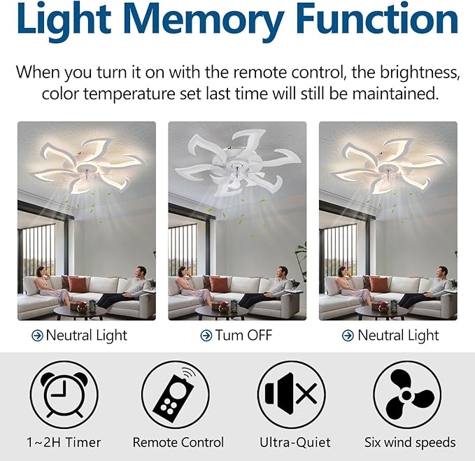 Modern Ceiling Fan with Lights Remote Control, 32" White Flush Mount Fan with 3 Light Colors, 6 Speeds Low Profile Ceiling Fan for Kitchen Bedroom