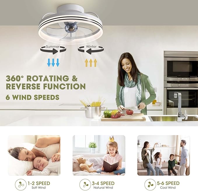 Ceiling Fans with Lights, 360° Rotating Ceiling Fan with Lights and Remote, 6 Wind Speeds Smart Flush Mount Ceiling Fan for Bedroom, Dining Room and Kitchen 20"