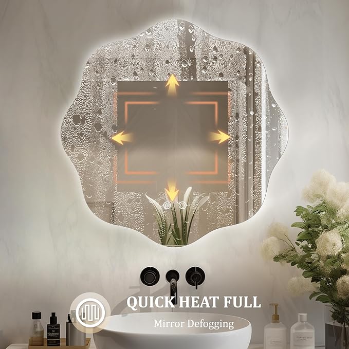 WallBeyond LED Bathroom Mirror with Lights, 20'' Wavy Round Light Up Bathroom Mirror, Anti Fog Led Mirror for Bathroom, 3 Colors and Dimmable Light