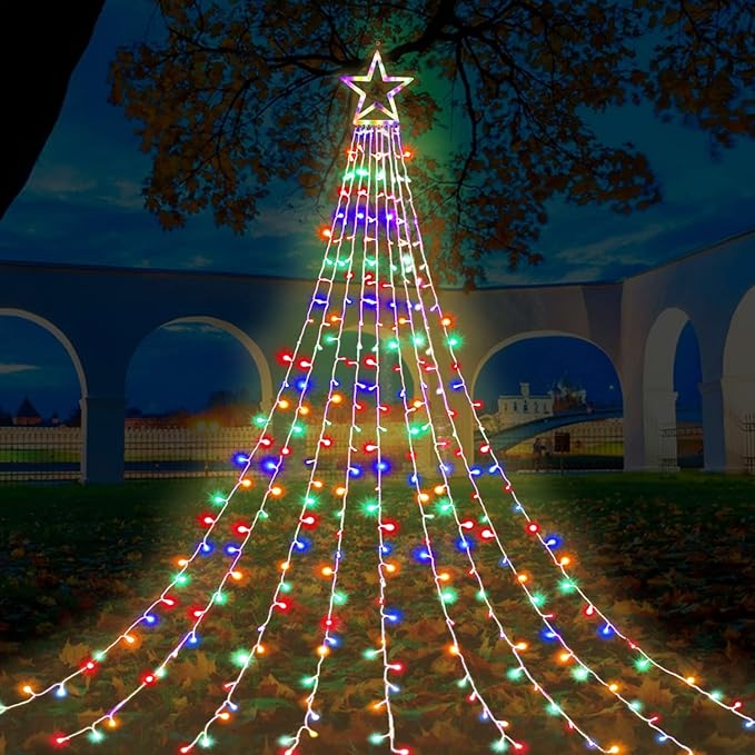 FUNIAO (New) Christmas Lights, Outdoor Christmas Decorations, 320 LED Waterfall String Lights, 8 Light Modes Chrsitmas Lights with 12" Star Tree Topper for Yard, Wedding, Party, New Year (Multicolor)