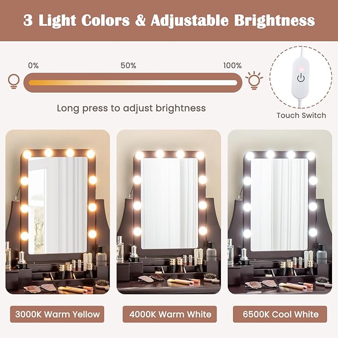 CHARMAID Vanity Desk with Mirror and Lights, Makeup Vanity Table with 5 Storage Drawers, 3 Color Lighting Modes, Adjustable Brightness, Modern Bedroom Dressing Table with Vanity Stool, Espresso