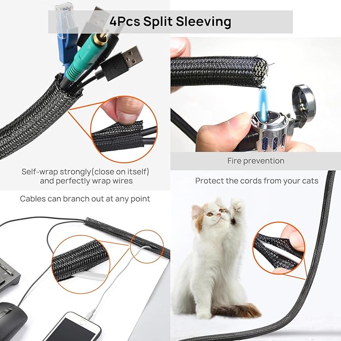 Cable Management Kit - 4 Cable Sleeve, 57 Self Adhesive Cable Clips, 12 Hanging Strips, 12 Cable Organizer Straps and 100 Fastening Cable Ties for TV Computer Under Desk (Black and White)