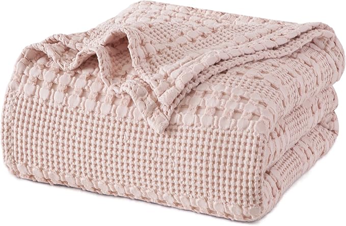 PHF 100% Cotton Waffle Weave Blanket Twin Size for Bed, Soft Lightweight & Breathable, All-Season Comfort, Luxury Aesthetic Woven Bedding for Home Decor, 66"x90", Pink/Mauve