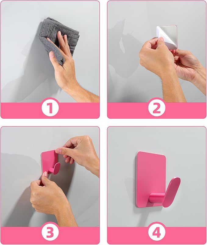 DELITON 4 Pack Hooks for Wall - Cute Kids Wall Hook Adhesive Coat Robe Towel Hooks for Bathrooms Kitchen Heavy Duty Stainless Steel, Pink