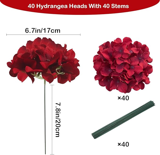 Red Hydrangea Artificial Flowers Bulk, 40 Pcs Faux Hydrangea Flowers Heads, Artificial Fake Silk Hydrangea Flowers with Stems, Red Flowers Artificial for Decoration Wedding Décor