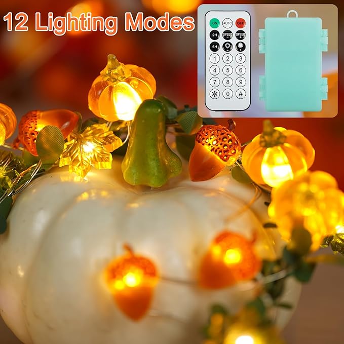 BOHON Thanksgiving Decoration Acorn 3D Pumpkin Maple Leaf String Lights Battery Operated with Remote 10ft 30 LEDs Orange Fall Lights for Home Autumn Garland Harvest Halloween Party Christmas Decor