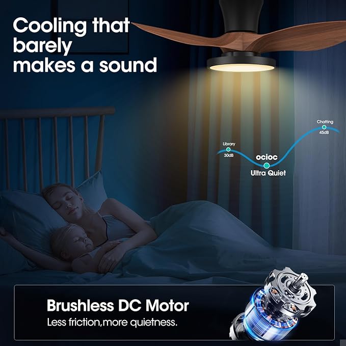 ocioc Quiet Ceiling Fan with LED Light DC motor 32 inch Large Air Volume Remote Control Walnut for Kitchen Bedroom Dining room Patio