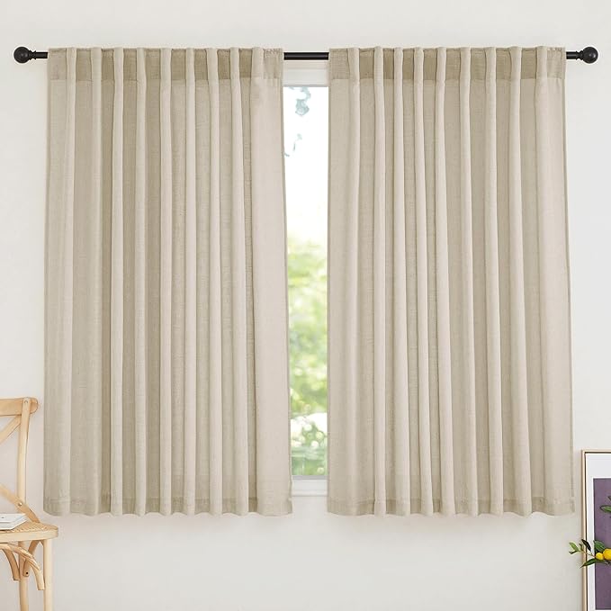 RYB HOME Extra Wide Sheer Curtains, Linen Texture Semitransparent Sheer Drapes Elegant Window Decoration for Bedroom Living Room Study Office, Beige, W 70 x L 63 inch Each, 2 Panels