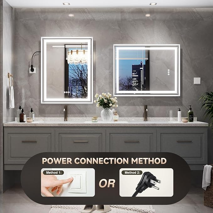 LED Bathroom Mirror, 28“x36“ Lighted Bathroom Mirror with Metal Framed, Extremely Bright LED Mirror for Bathroom, 3 Colors Dimmable, Anti-Fog, Memory, Wall Mounted Lighted Vanity Mirror