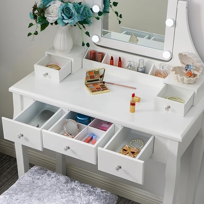 BEWISHOME Makeup Vanity Desk with Lights,Girls Vanity Set with Mirror and Stool,Small Vanity Desk with 5 Drawers,3 Light Settings,Adjustable Brightness,Dressing Table for Bedroom,White FST08W