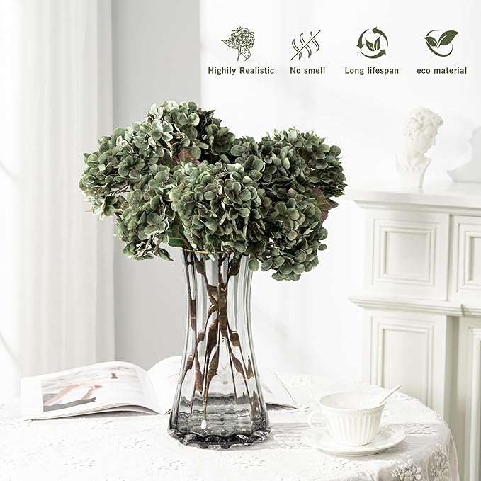 Artificial Flower Fake Silk Hydrangea Heads Bouquet with Stems Bulk for Fall Decoration Table Center Christmas Indoor Outdoor Faux Floral Realistic with Leaves Plants Crafts 8PCS (Green)