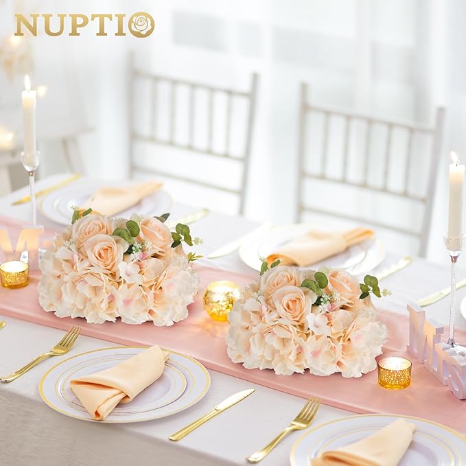 NUPTIO Flower Ball Arrangement Bouquet: 2 Pcs 11.8 inch Diameter Champagne Rose Fake Flowers Balls for Wedding Centerpiece Decorations Artificial Flower Centerpieces for Tables