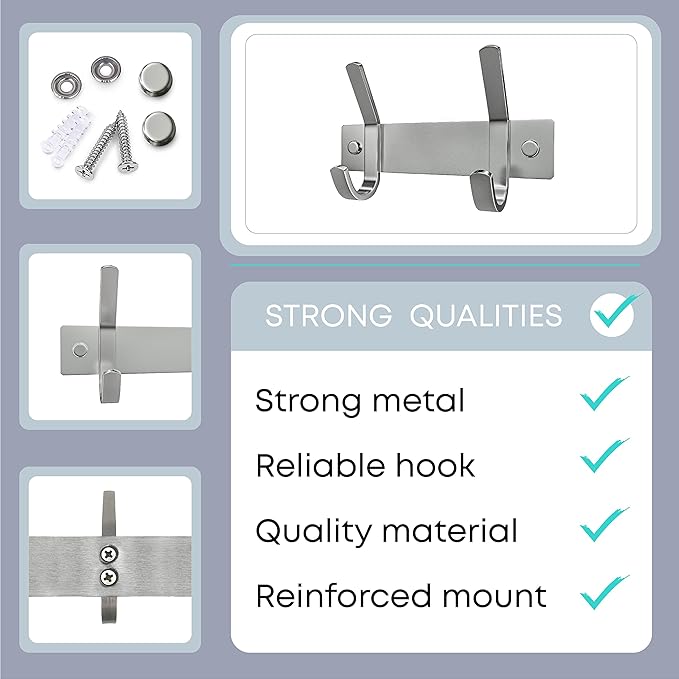 Small Coat Rack Wall Mount – Brushed Nickel 6 Inch Stainless Steel Hook Rail with 2 Heavy Duty Double Coat Hooks – Wall Mounted Coat Hanger for Entryway, Bathroom, Bedroom, Hat Organizer - 2 Pack