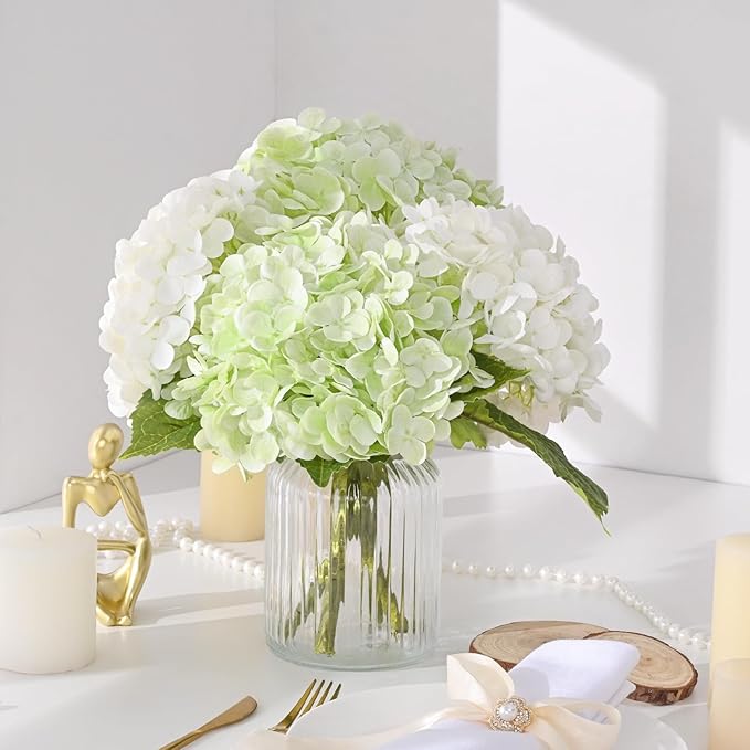 MARTINE MALL 4Pcs 21in Hydrangea Artificial Flowers, Latex Real Touch Hydrangeas Lifelike Large Hydrangea Flowers for Home Decor Party Arrangements Wedding Bouquets Centerpieces (2White&2Light Green)