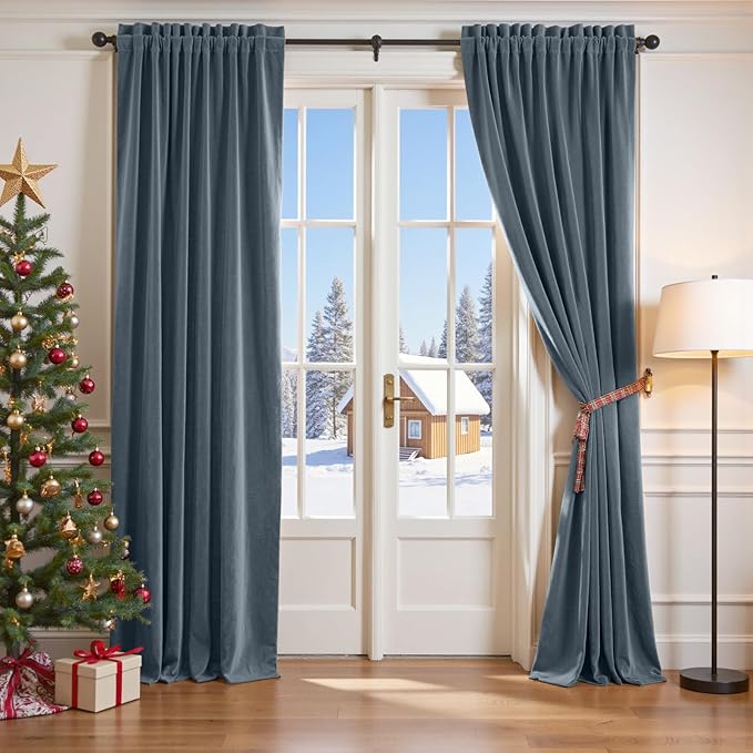 Lazzzy Velvet Blackout Curtains Thermal Insulated Room Window Drapes Super Soft Luxury Curtains for Living Room Bedroom Rod Pocket 2 Panels, Dark Slate, 52" W x 96" L