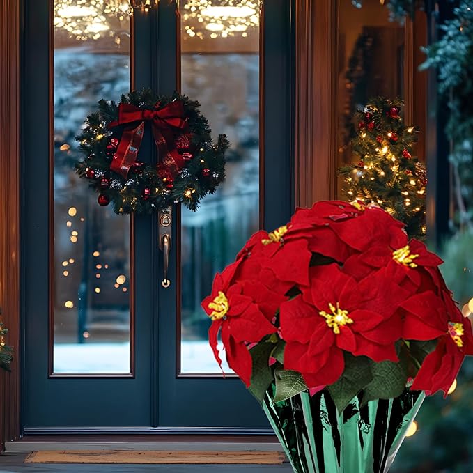 2 Pack 18" Lighted Large Artificial Poinsettias for Outdoors LED Poinsettia Flowers Artificial Faux Poinsettia Plants Poinsettia Christmas Decorations for Office Home Kitchen Decor (Green Paper)