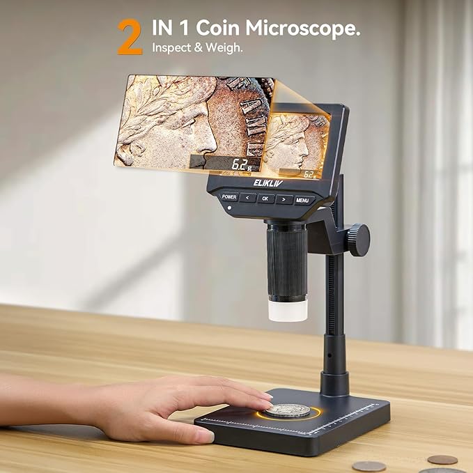 Elikliv EDM4C Coin Microscope with Scale：4.3" Digital Microscope with Adjustable LED, Error Coin Magnifier with Screen & Weighing Scope for Collectors, Jewelers, Students, Windows/Mac Compatible