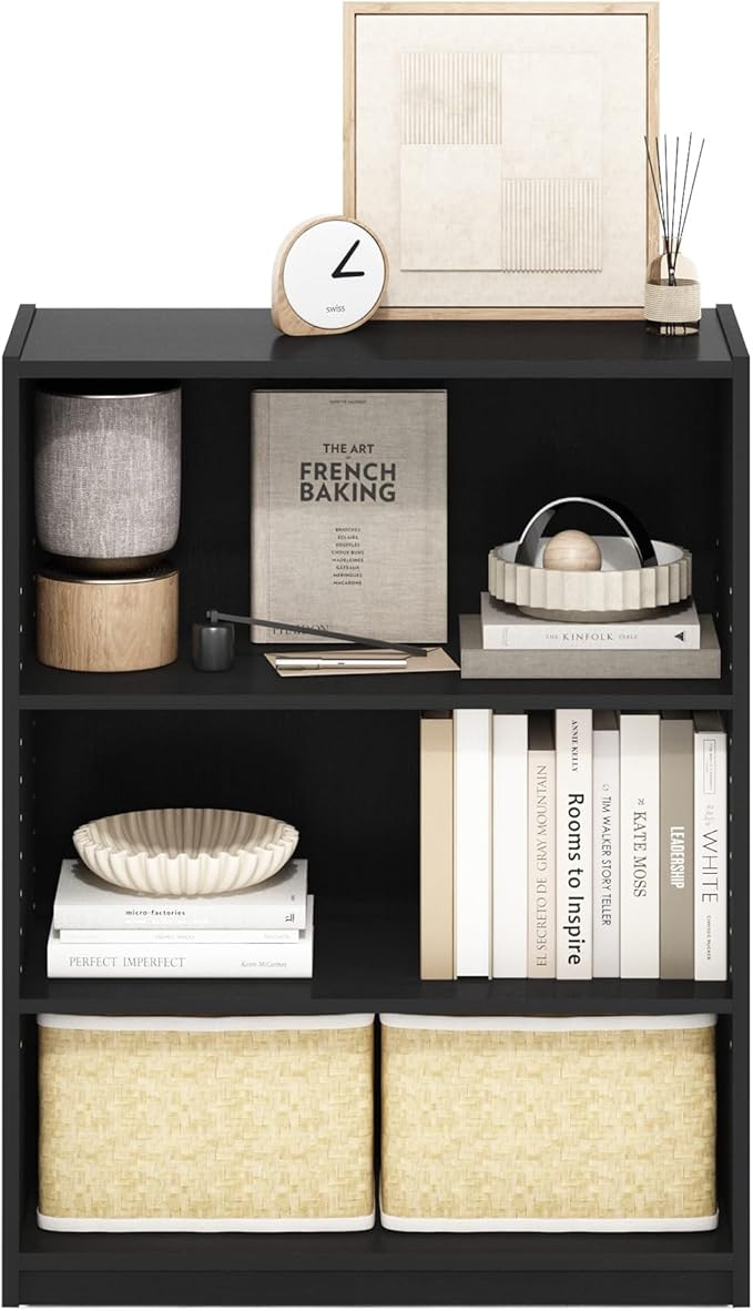 Furinno GEHRY Book Shelf, 3-Tier Bookshelf, Bookcase with Adjustable Shelves, 11.6 x 24.8 x 31.6, for Living Room, Bedroom, Home Office, Blackwood