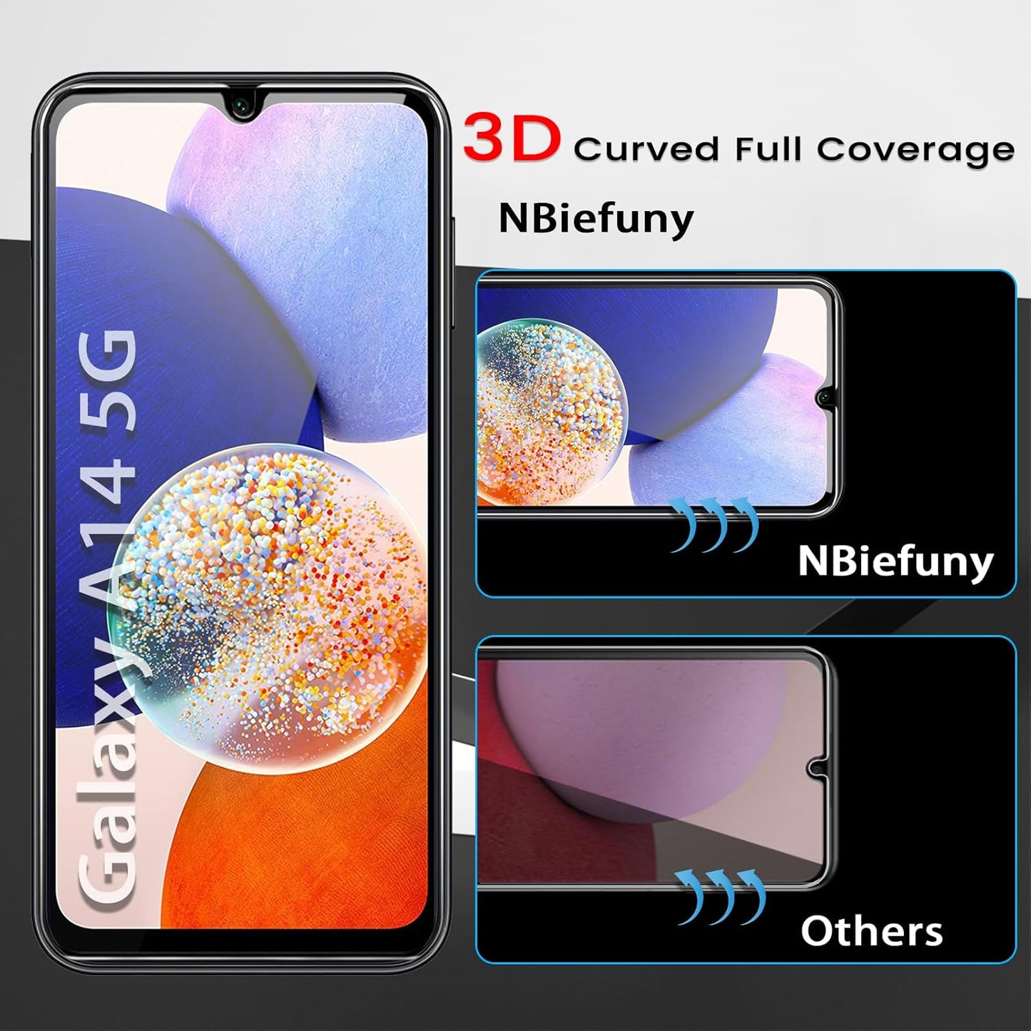 Samsung Galaxy A14 5G Screen Protector 4 Pack with Camera Lens Protectors, Full Coverage, Anti-Fingerprint, Bubble Free.