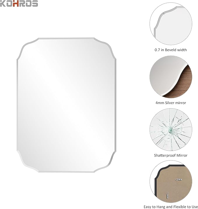 KOHROS Silver Bathroom Mirror 18" x 24" Frameless Rectangle Beveled Edge Bathroom Vanity Mirror for Over Sink, Wall Mirror for Small Bathroom Vanity Bedroom Hanging Horizontally or Vertically