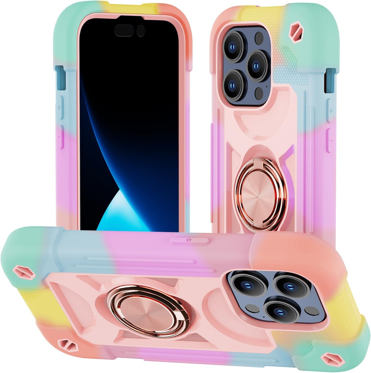 iPhone 15 Pro Max Case 6.7", Heavy-Duty Shockproof Military-Grade Rugged Cover with Ring Stand and Protectors - Rainbow