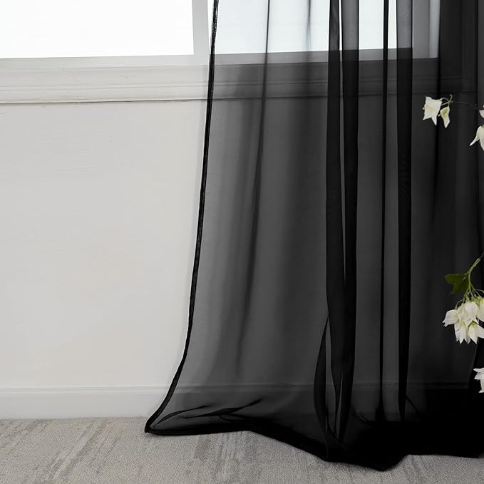 HUTO Black Sheer Curtains 54 inches Long for Bedroom Top Rod Pocket Sheer Window Panels Curtains for Nursery Living Room 52 by 54 Inch Length Set of 2