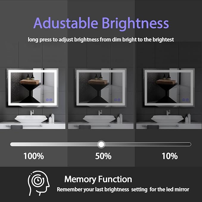 36"x28" LED Bathroom Mirror with Lights Large Wall-Mounted Vanity LED Mirror Smart Lighted Makeup Mirror Stepless Dimmable, Adjustable Brightness,Touch Screen Button,Anti-Fog,Memory Function