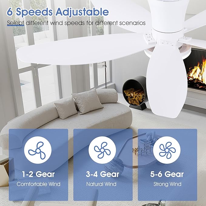 Flush Mount RGB Ceiling Fans with Lights-48 Low Profile Ceiling Fan with Light and Remote/APP Control,DC Reversible,LED Dimmable Ceiling Fans for Bedroom,Indoor/Outdoor Patio Use(White)