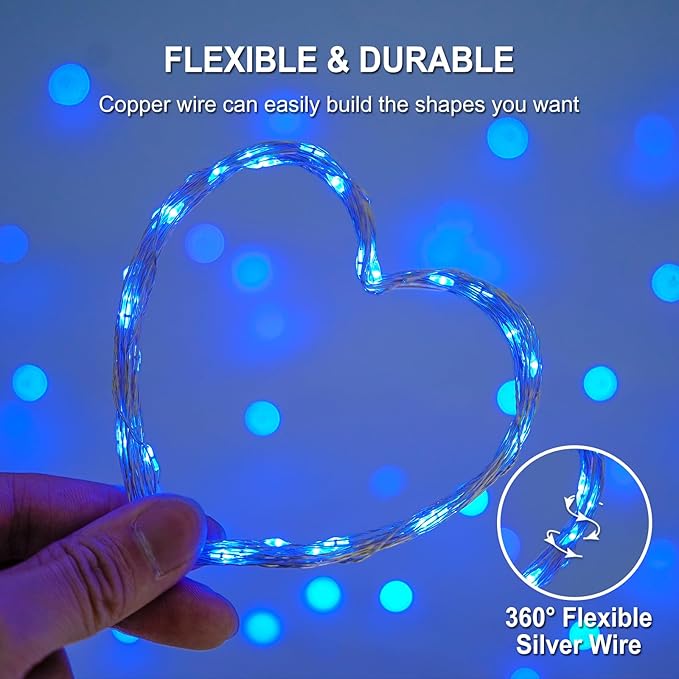 JMEXSUSS 4 Pack 50 LED Fairy Lights Battery Operated Silver Wire 16.1ft Waterproof Blue Christmas Lights for Party Wedding Indoor Outdoor Decorations