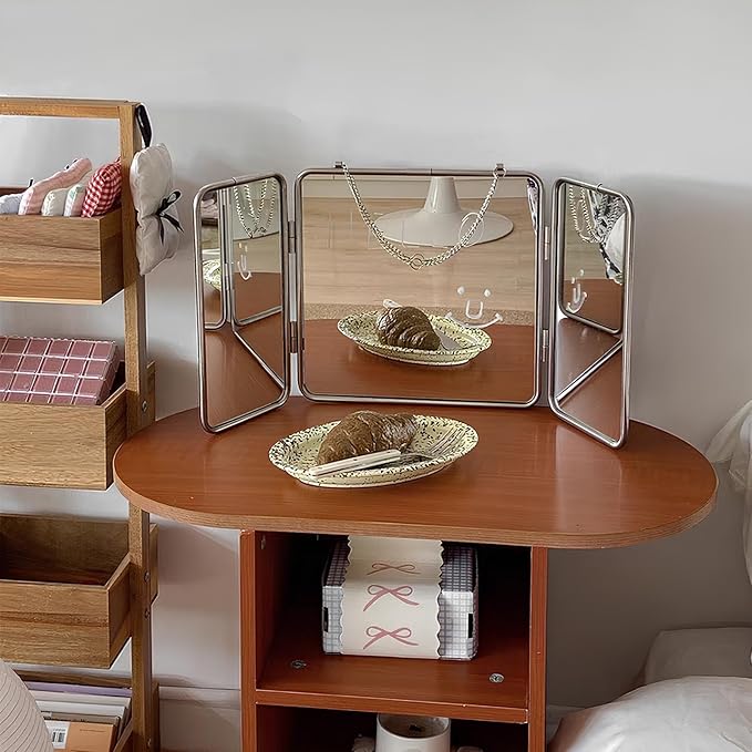 30 * 60cm Modern Tri-Fold Glass Mirror with Chain, Foldable Vanity Makeup Mirrors, Home Wall-Mounted Bathroom Mirror with Metal Frame for to See Back of Head