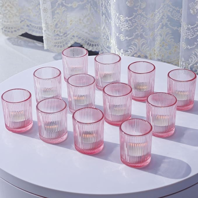 VOHO Pink Candle Holder Set of 12, Ribbed Votive Candle Holders for Pink Room Decor, Tealight Candle Holder Romantic Gifts for Valentine Christmas Decorations(2.1'' x 2.6'')