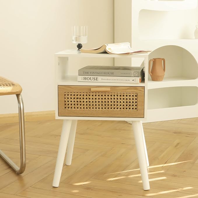 MaxSmeo White Nightstand with Drawer, Mid Century Modern Nightstand, Rattan Side Table, End Table with Storage for Living Room, Bedroom and Small Spaces, Easy Assembly (White)