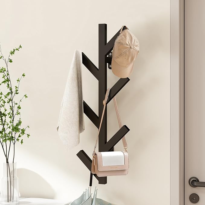 Vlush Wall Mounted Metal Coat Rack with 6 Hooks Modern Minimalist clothes rack, Upright Coat Rack for Hanging Clothes, Hats, Hanging Bags and Scarves Entrance Wall Iron Coat Racks (Black)