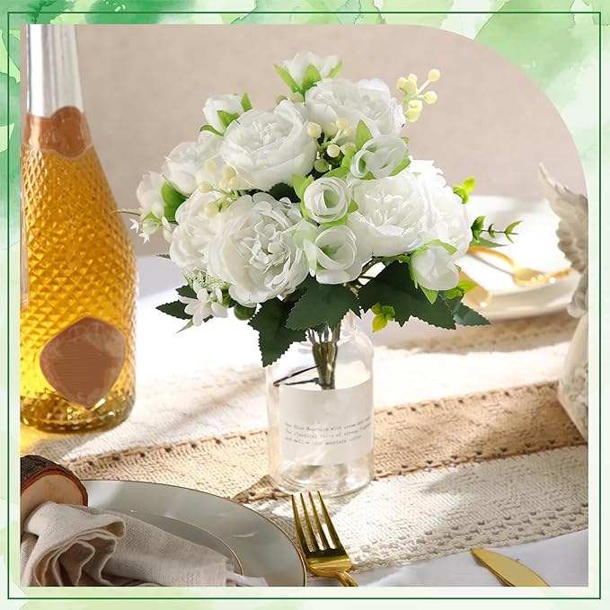 Geosar 2 Bundles Artificial Peonies Flowers Fake Silk Peony Bouquet Faux Peonies Flowers Bulk for Decoration Vase Floral Arrangements Wedding Party Table (White)