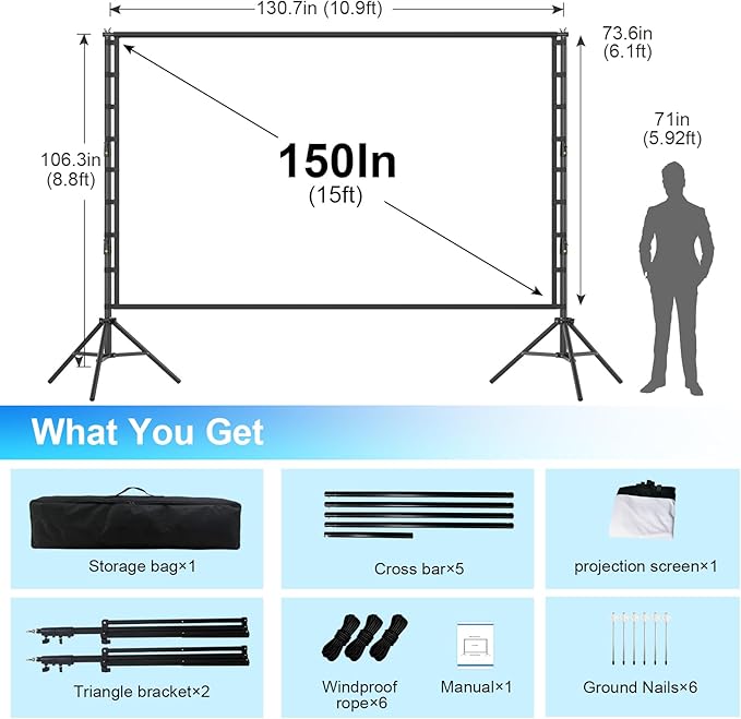 Outdoor Projector Screen and Stand,150-inch Indoor Portable Projection Screen,16:9 4K HD Wrinkle-Free Rear Front Movie Screen with Carry Bag for Backyard Movie Night RVing Home Theater