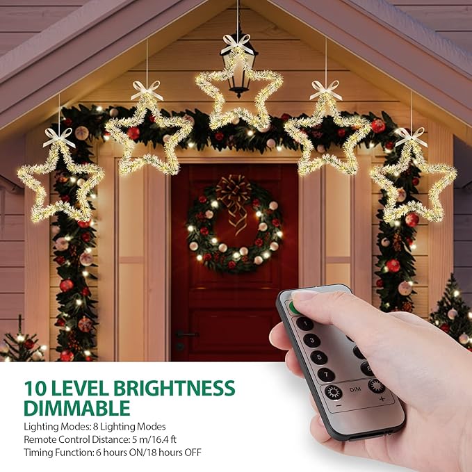 MAOYUE Christmas Window Lights 3 Pack Christmas Star Lights with Snow Pine Leaves Battery Operated Christmas Lights for Outdoor Christmas Decorations, Window, Indoor, Door, Porch, Party, Warm White