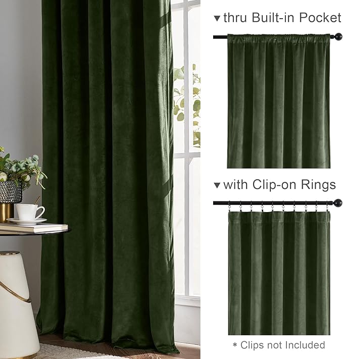 Lazzzy Velvet Blackout Curtains Thermal Insulated Room Window Drapes Super Soft Luxury Curtains for Living Room Bedroom Rod Pocket 2 Panels, Moss, 42" W x 84" L