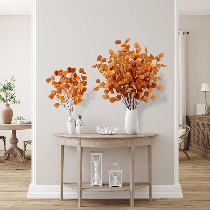 Sggvecsy 6 Pcs Fall Eucalyptus Leaves Artificial Eucalyptus Stems Long Silver Dollar Leaves Autumn Leaf Branches Fake Silk Eucalyptus for Christmas Home Autumn Festival Thanksgiving Decor(Orange)
