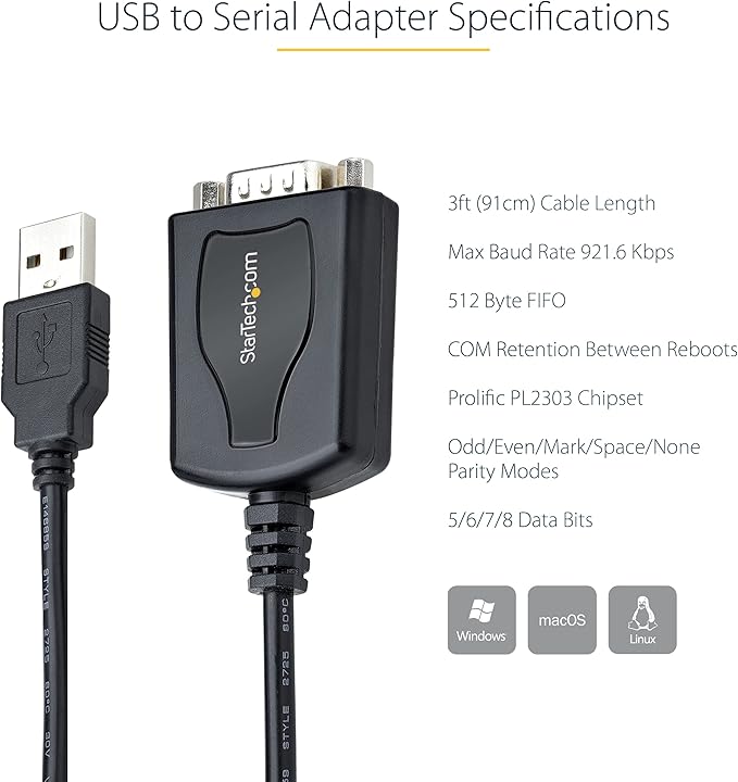StarTech.com 3ft (1m) USB to Serial Cable with COM Port Retention, DB9 Male RS232 to USB Converter, USB to Serial Adapter for PLC/Printer/Scanner, Prolific Chipset, Windows/Mac (1P3FPC-USB-SERIAL)