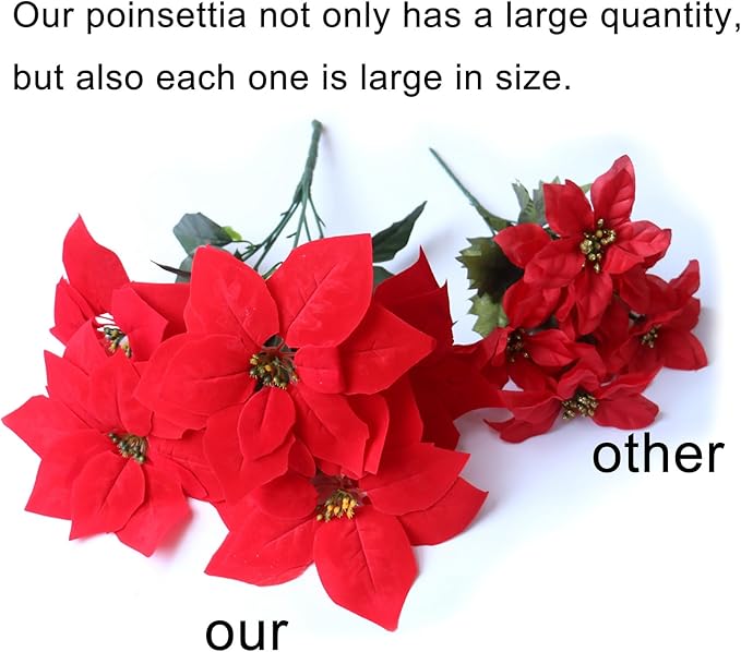 8 Pack Bulk Christmas Artificial Poinsettia Flowers Stem Bouquets Outdoors with 40pcs 8.2 Inch Red Poinsettia Flowers Heads for Christmas Tree, Xmas Garland, Vase, Window Box, Porch Decorations