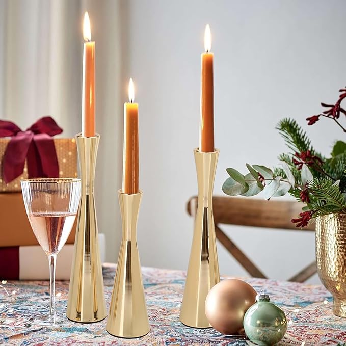 Vixdonos Light Gold Taper Candle Holders Metal Candlestick Holders Set of 3 Table Mantel Decorative Candle Stand for Dinning,Party，Wedding,Home Decor(Light Gold)