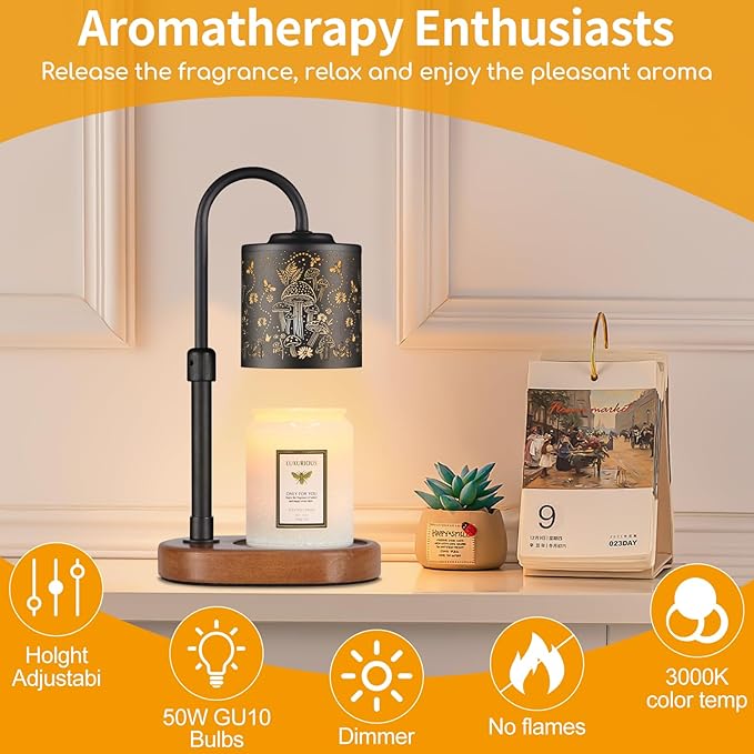 Dimmable Candle Warmer Lamp with Timer Adjustable Height for Scented Jar Candles Electric Candle Wax Melt Warmer for Home Decor Christmas Birthday Gifts for Women Mom(Mushrooms+Bees)