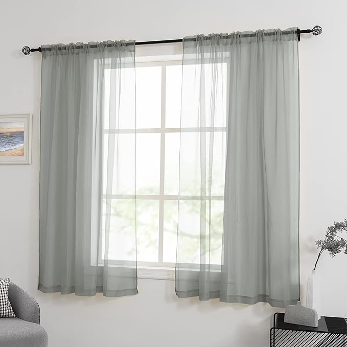 HUTO Sage Grey Sheer Window Curtains 52 by 63 Inch Length Rod Pocket Window Sheer Panels Drapes 2 Panels Curtains for Bedroom Living Room Nursery
