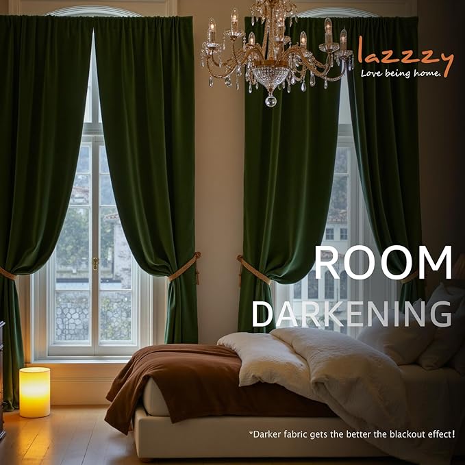 Lazzzy Velvet Blackout Curtains Thermal Insulated Room Window Drapes Super Soft Luxury Curtains for Living Room Bedroom Rod Pocket 2 Panels, Moss, 52" W x 84" L